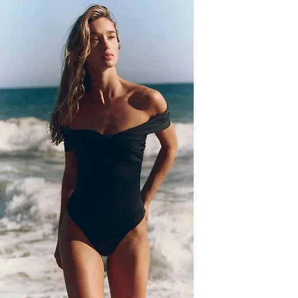 Anthropologie Elegant Black Off-Shoulder Swimsuit - Picture 2 of 4